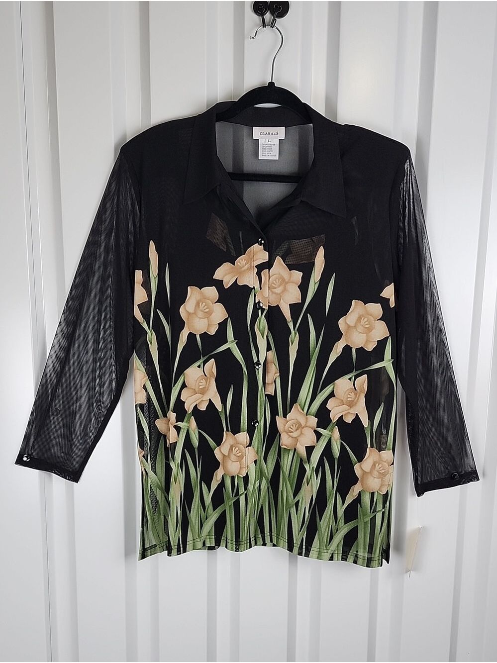 Clara S Mesh Black Sheer Button Up Top Tank Set Floral Print Large NWT Whimsy